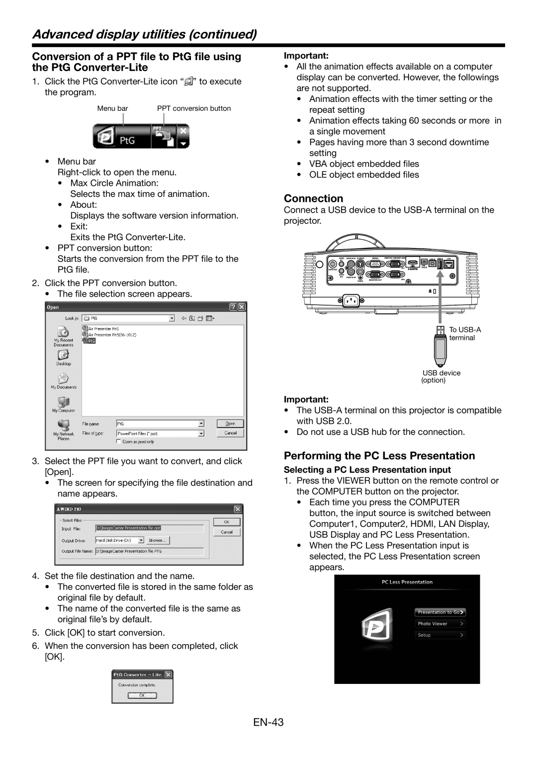 Mitsubishi Electronics WD385U-EST user manual Performing the PC Less Presentation, Selecting a PC Less Presentation input 