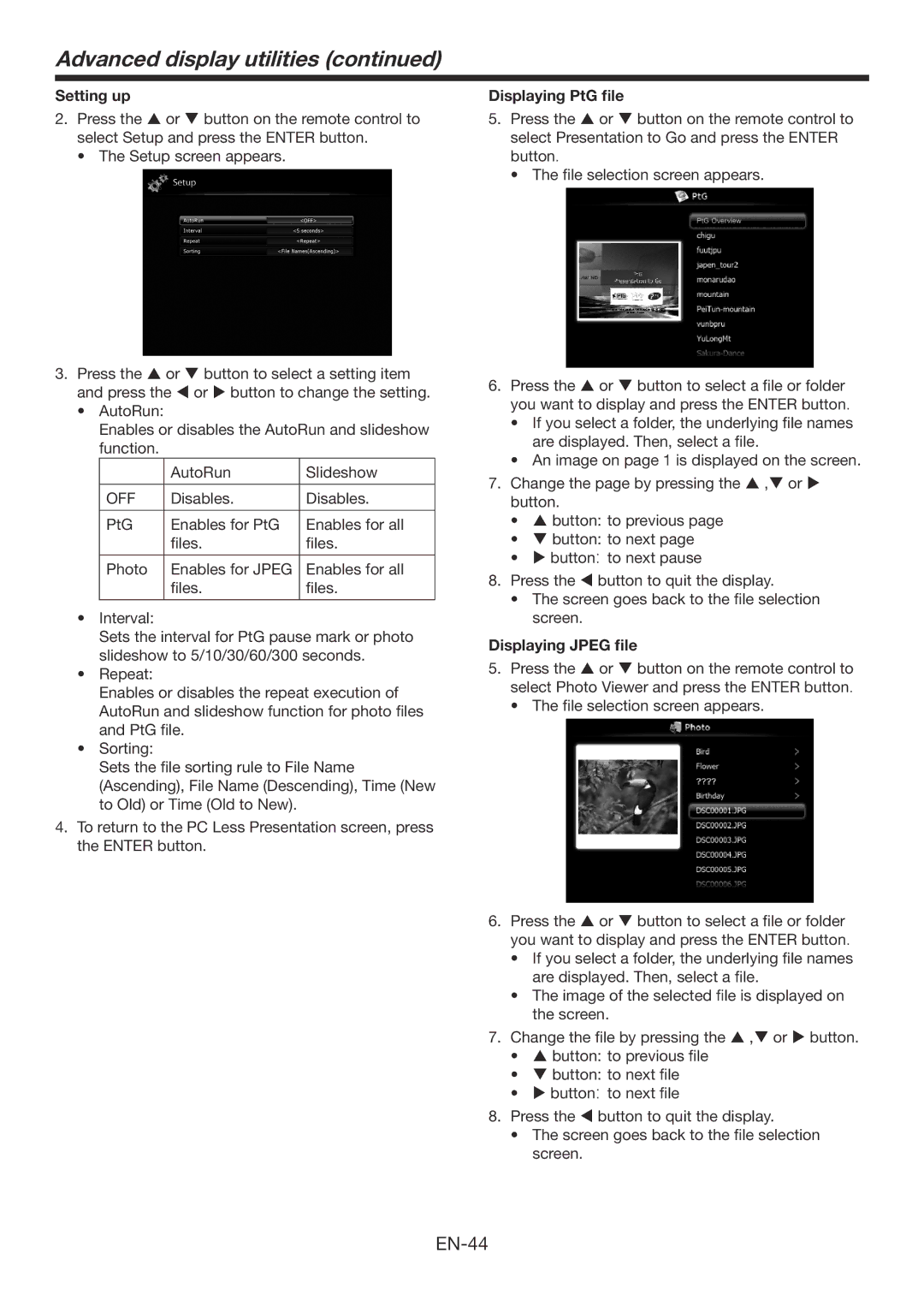 Mitsubishi Electronics WD385U-EST user manual Setting up, Off, Displaying PtG file, Displaying Jpeg file 