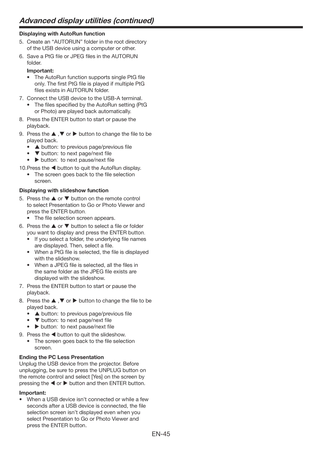 Mitsubishi Electronics WD385U-EST user manual Displaying with AutoRun function, Displaying with slideshow function 