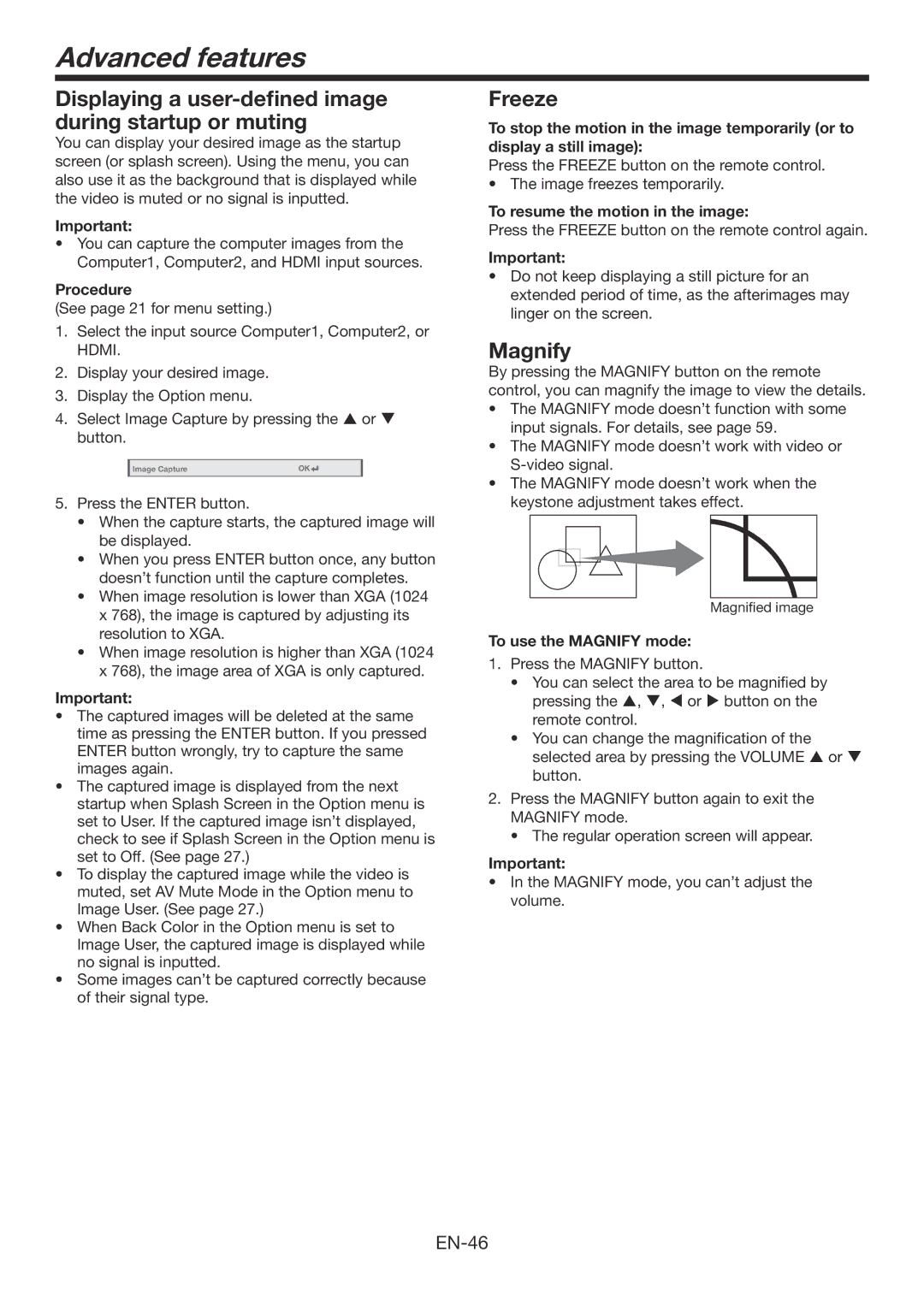 Mitsubishi Electronics WD385U-EST Advanced features, Displaying a user-defined image during startup or muting, Freeze 