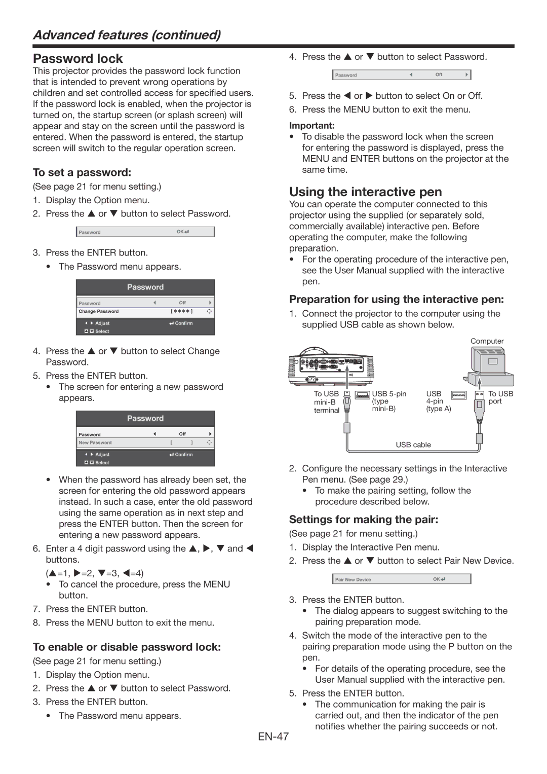 Mitsubishi Electronics WD385U-EST user manual Advanced features, Password lock, Using the interactive pen 