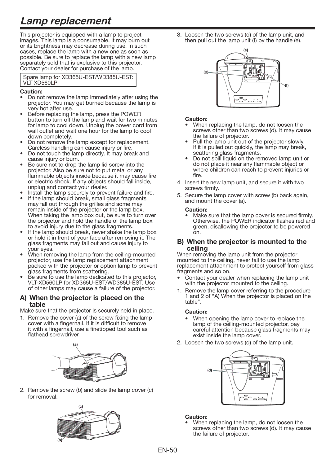 Mitsubishi Electronics WD385U-EST user manual Lamp replacement, When the projector is placed on the table 