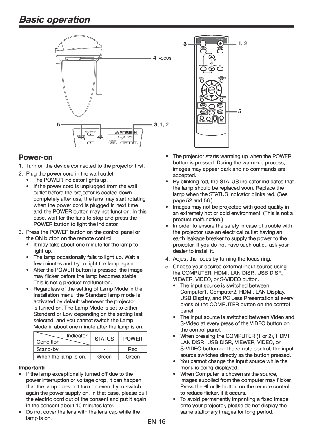 Mitsubishi Electronics WD385U-EST user manual Basic operation, Power-on, 3, 1 
