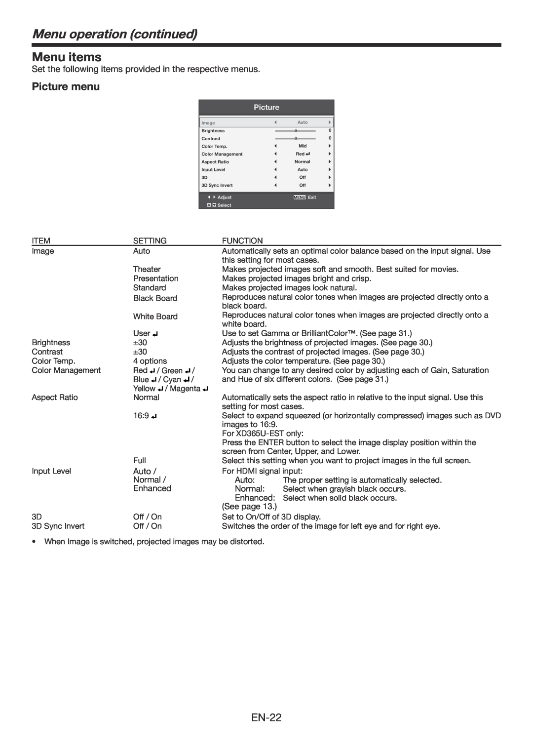 Mitsubishi Electronics WD385U-EST user manual Menu items, Picture menu, Menu operation continued 