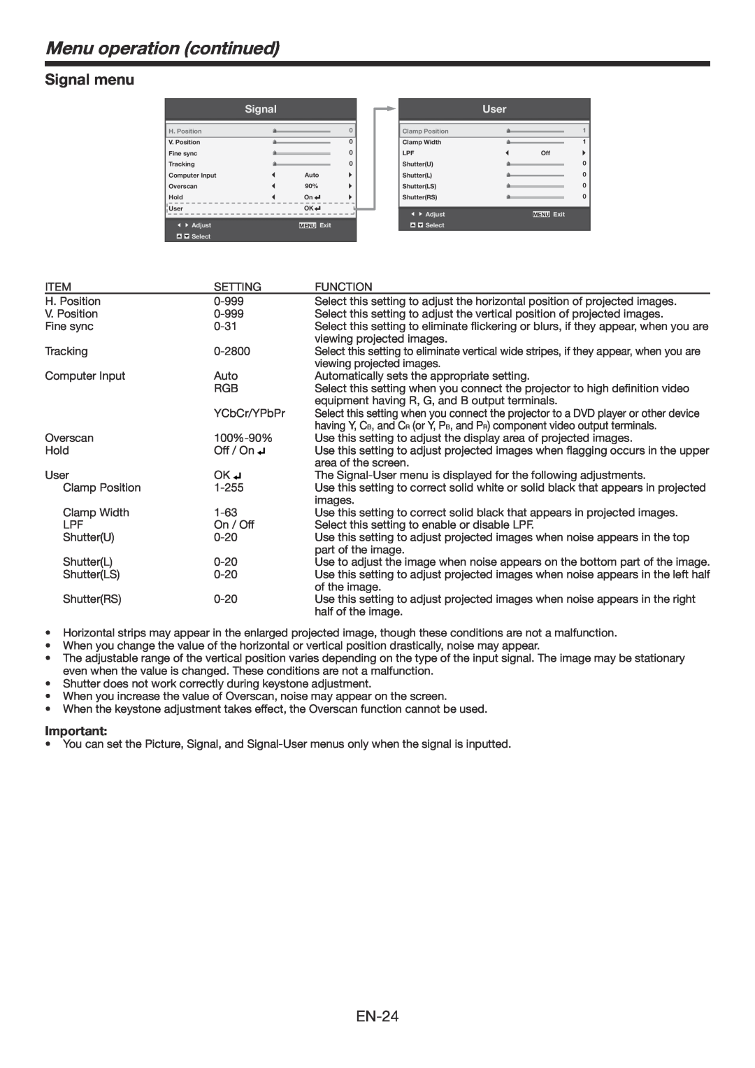 Mitsubishi Electronics WD385U-EST user manual Signal menu, Menu operation continued, EN-24 