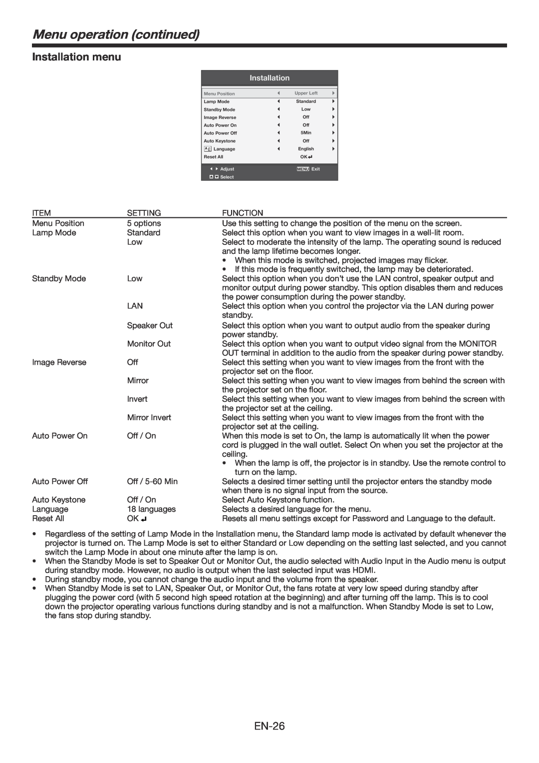 Mitsubishi Electronics WD385U-EST user manual Installation menu, Menu operation continued, EN-26 