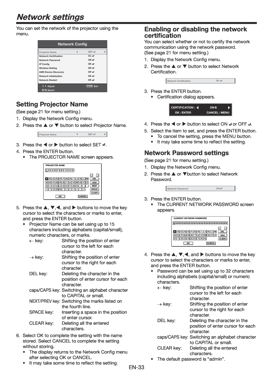 Mitsubishi Electronics WD385U-EST user manual Network settings, Enabling or disabling the network certification 