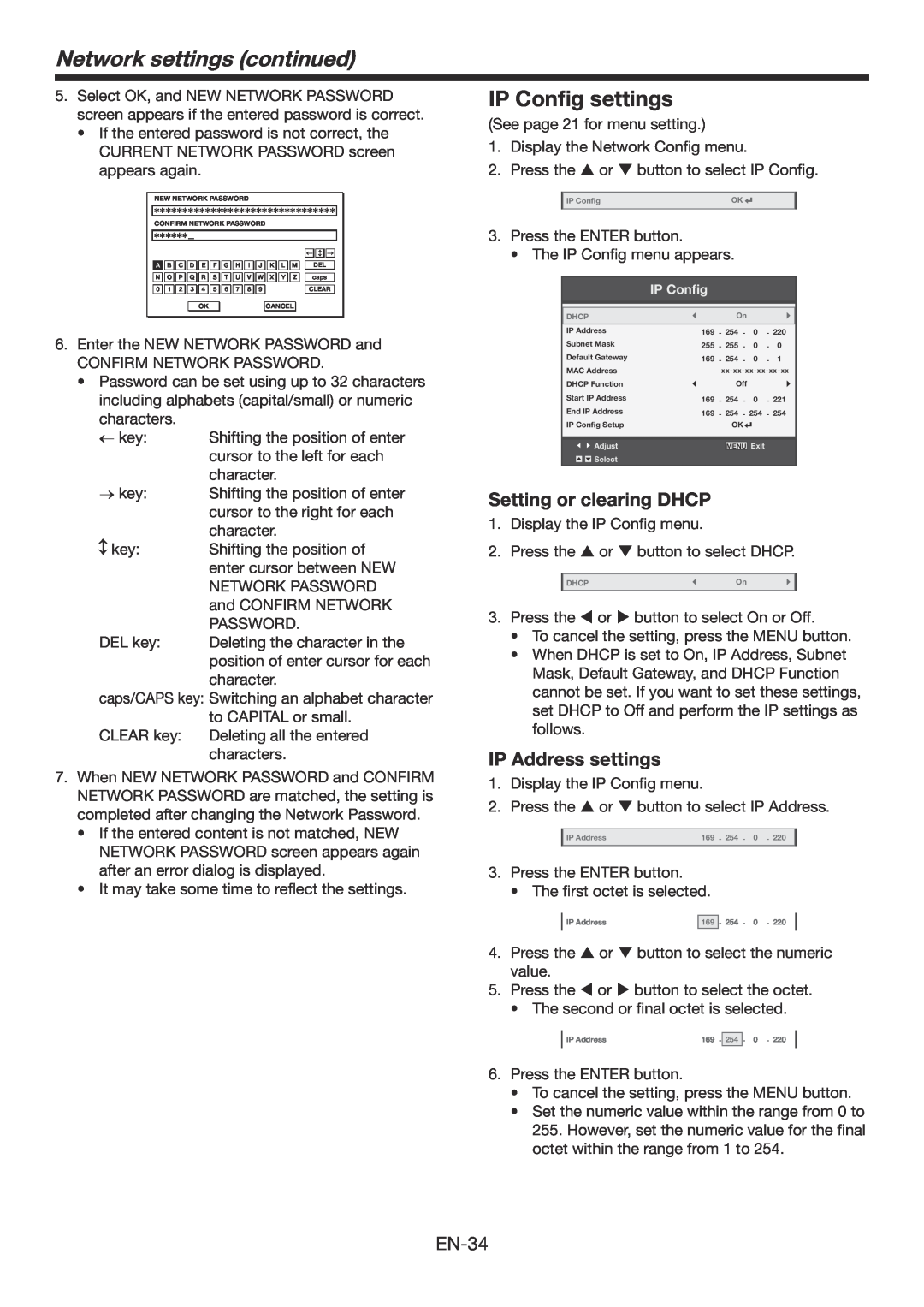 Mitsubishi Electronics WD385U-EST user manual Network settings continued, IP Config settings, Setting or clearing DHCP 