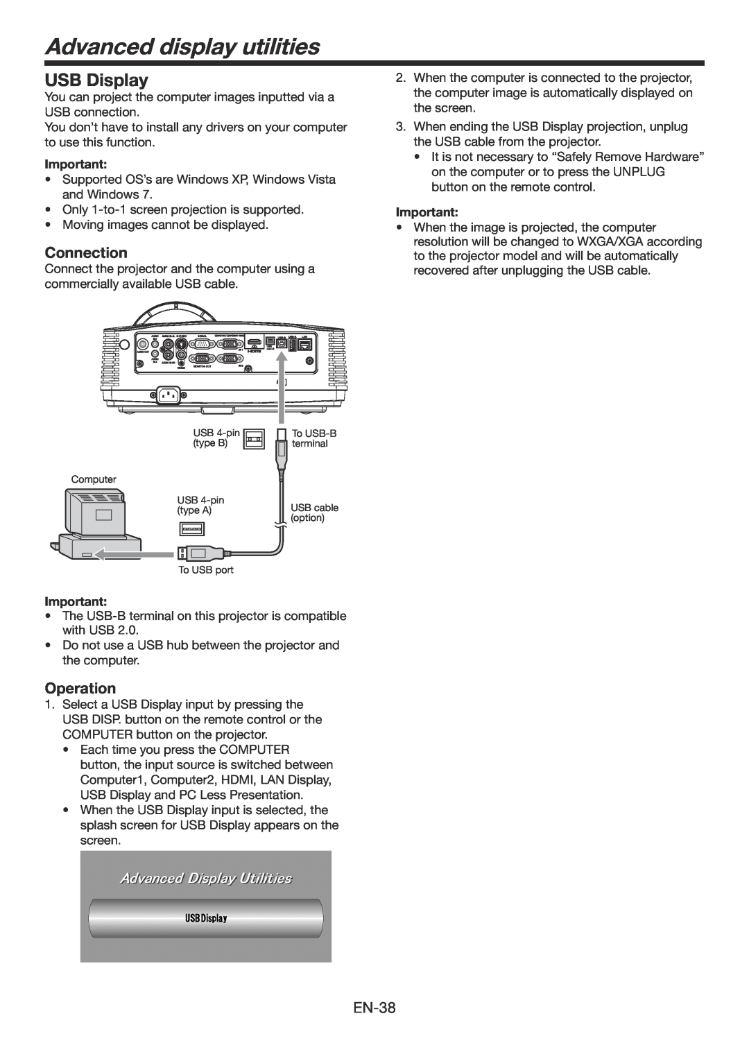 Mitsubishi Electronics WD385U-EST user manual Advanced display utilities, USB Display, Connection, Operation 