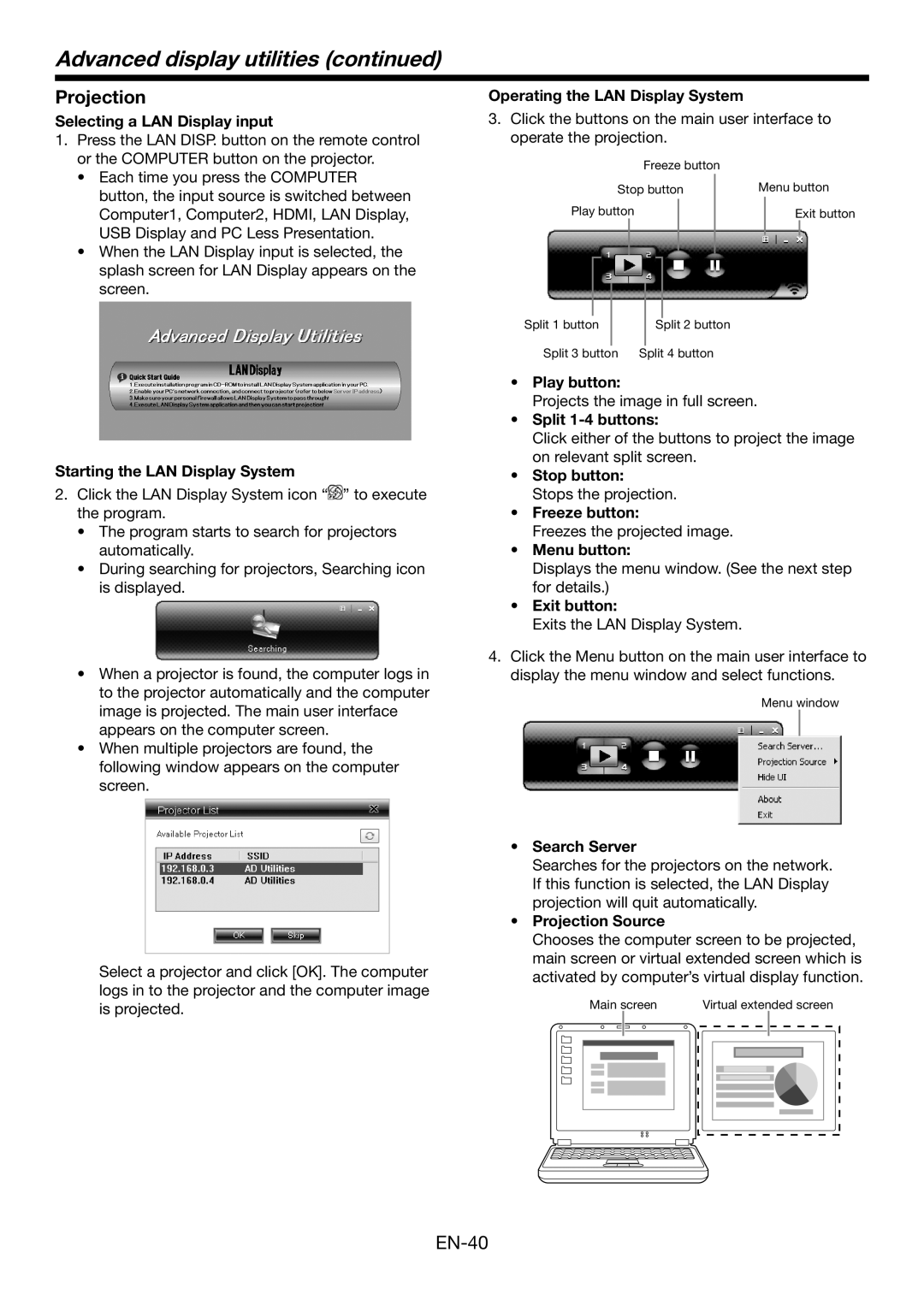 Mitsubishi Electronics WD385U-EST Projection, Advanced display utilities continued, Selecting a LAN Display input 