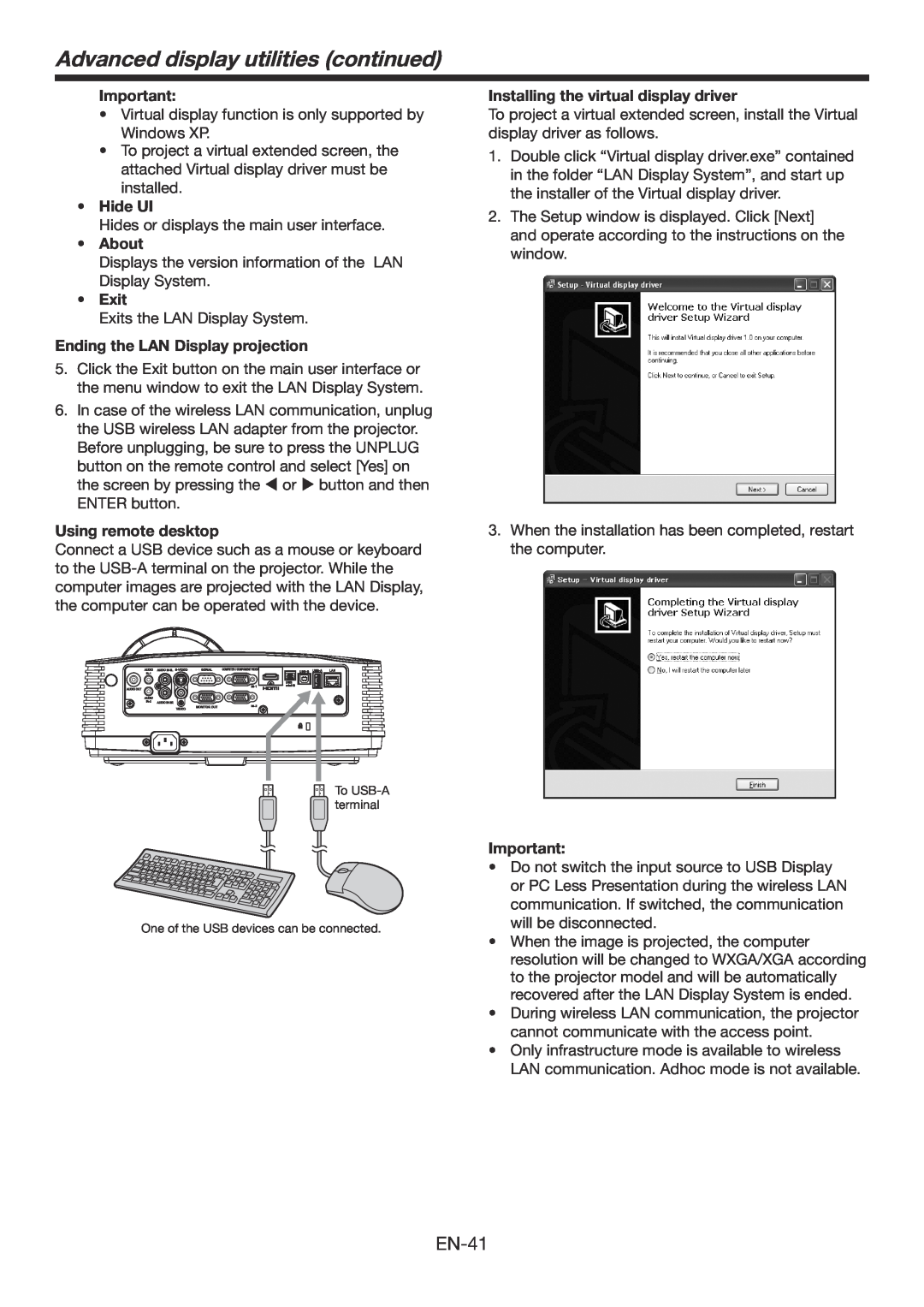 Mitsubishi Electronics WD385U-EST Advanced display utilities continued, Hide UI, About, Exit, Using remote desktop 