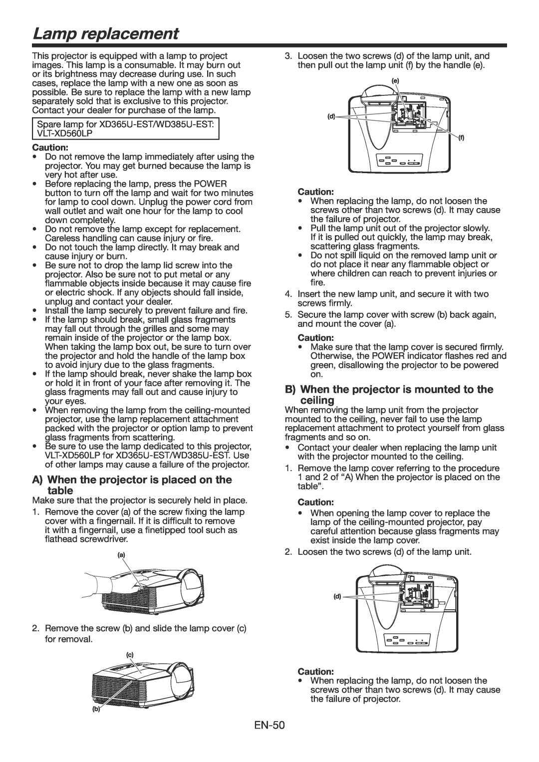 Mitsubishi Electronics WD385U-EST user manual Lamp replacement, A When the projector is placed on the table 