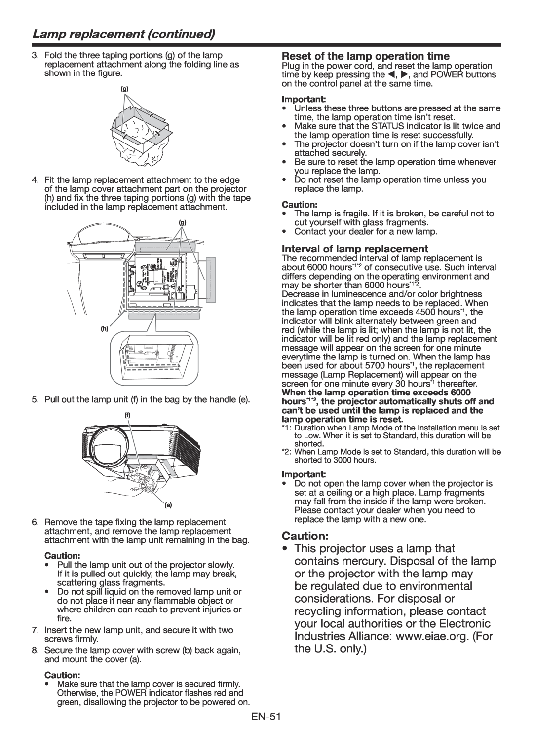 Mitsubishi Electronics WD385U-EST user manual Lamp replacement continued, Reset of the lamp operation time 