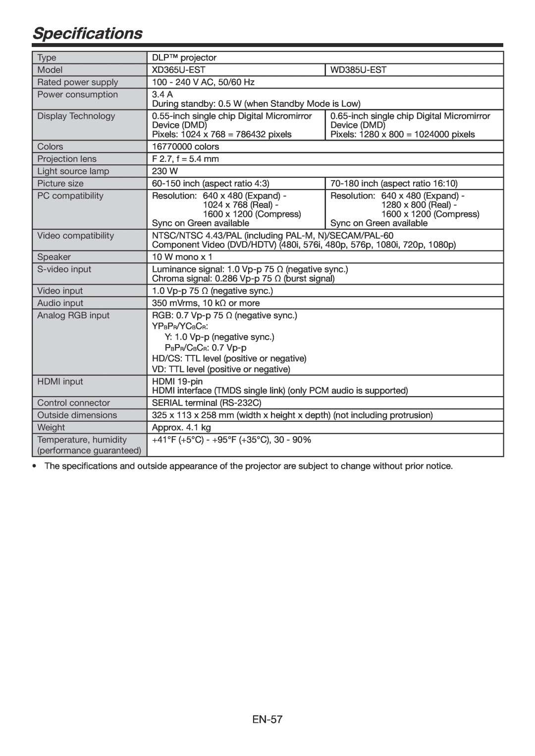 Mitsubishi Electronics WD385U-EST user manual Specifications, EN-57 
