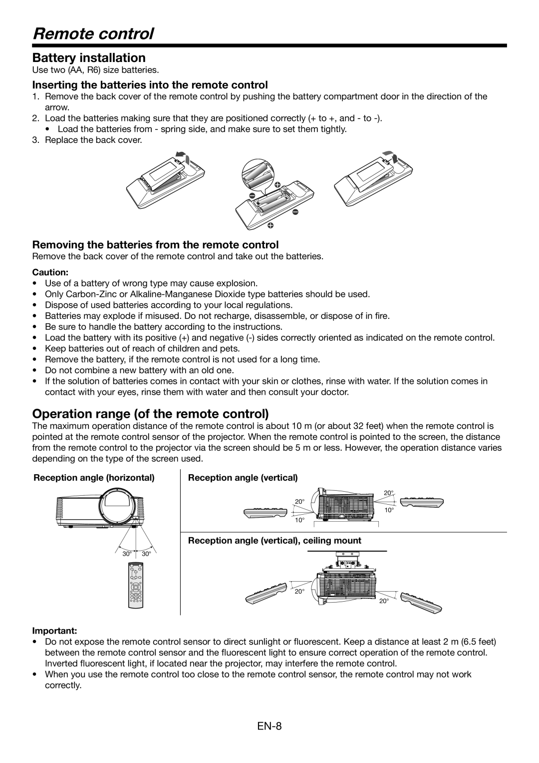 Mitsubishi Electronics WD385U-EST user manual Remote control, Battery installation, Operation range of the remote control 