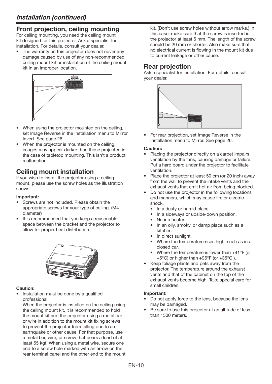 Mitsubishi Electronics WD390U-EST user manual Installation, Front projection, ceiling mounting, Ceiling mount installation 