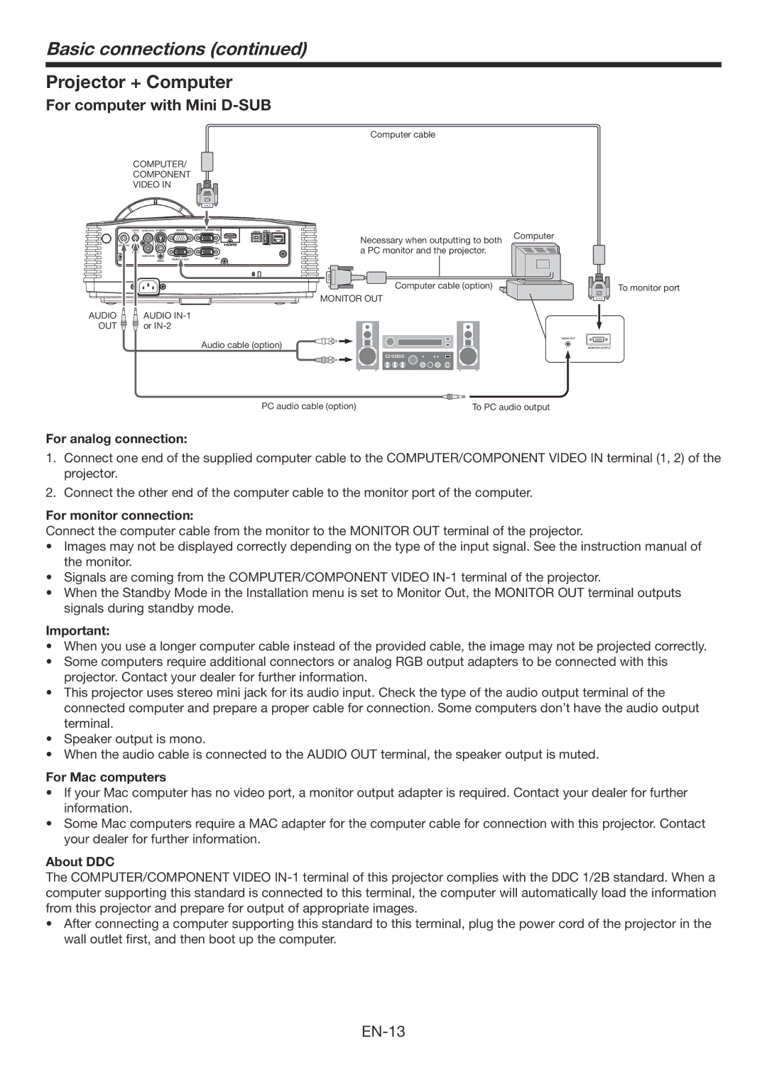 Mitsubishi Electronics WD390U-EST user manual Projector + Computer, For computer with Mini D-SUB 