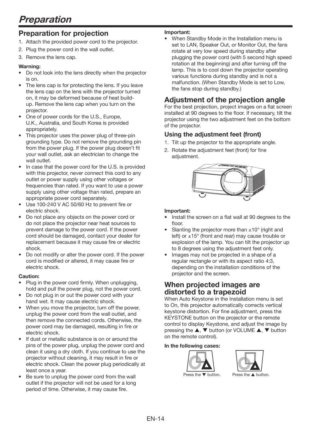 Mitsubishi Electronics WD390U-EST user manual Preparation for projection, Adjustment of the projection angle 