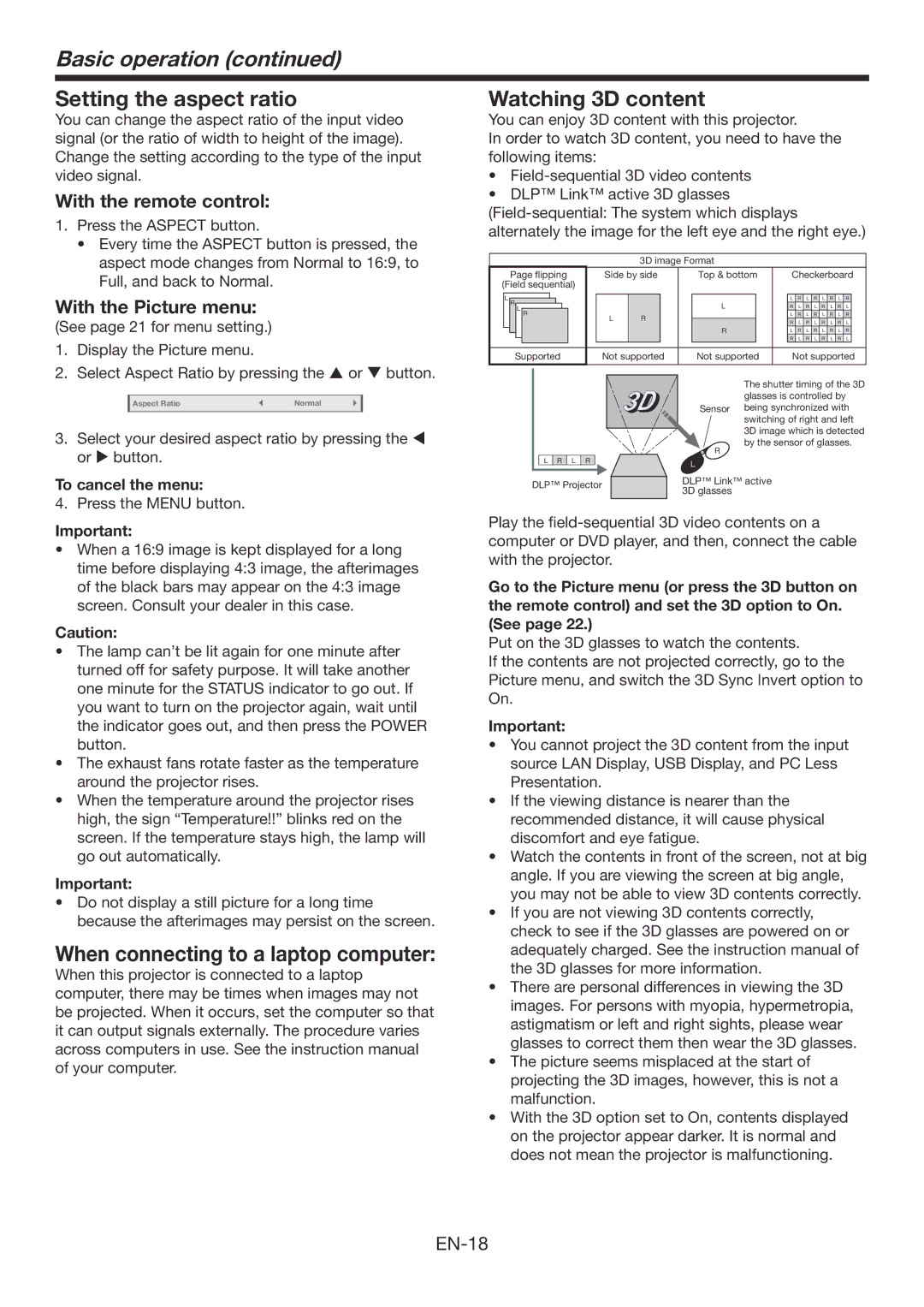 Mitsubishi Electronics WD390U-EST Setting the aspect ratio, Watching 3D content, When connecting to a laptop computer 