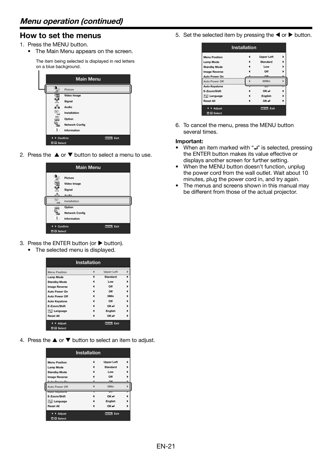 Mitsubishi Electronics WD390U-EST user manual Menu operation, How to set the menus, Main Menu, Installation 