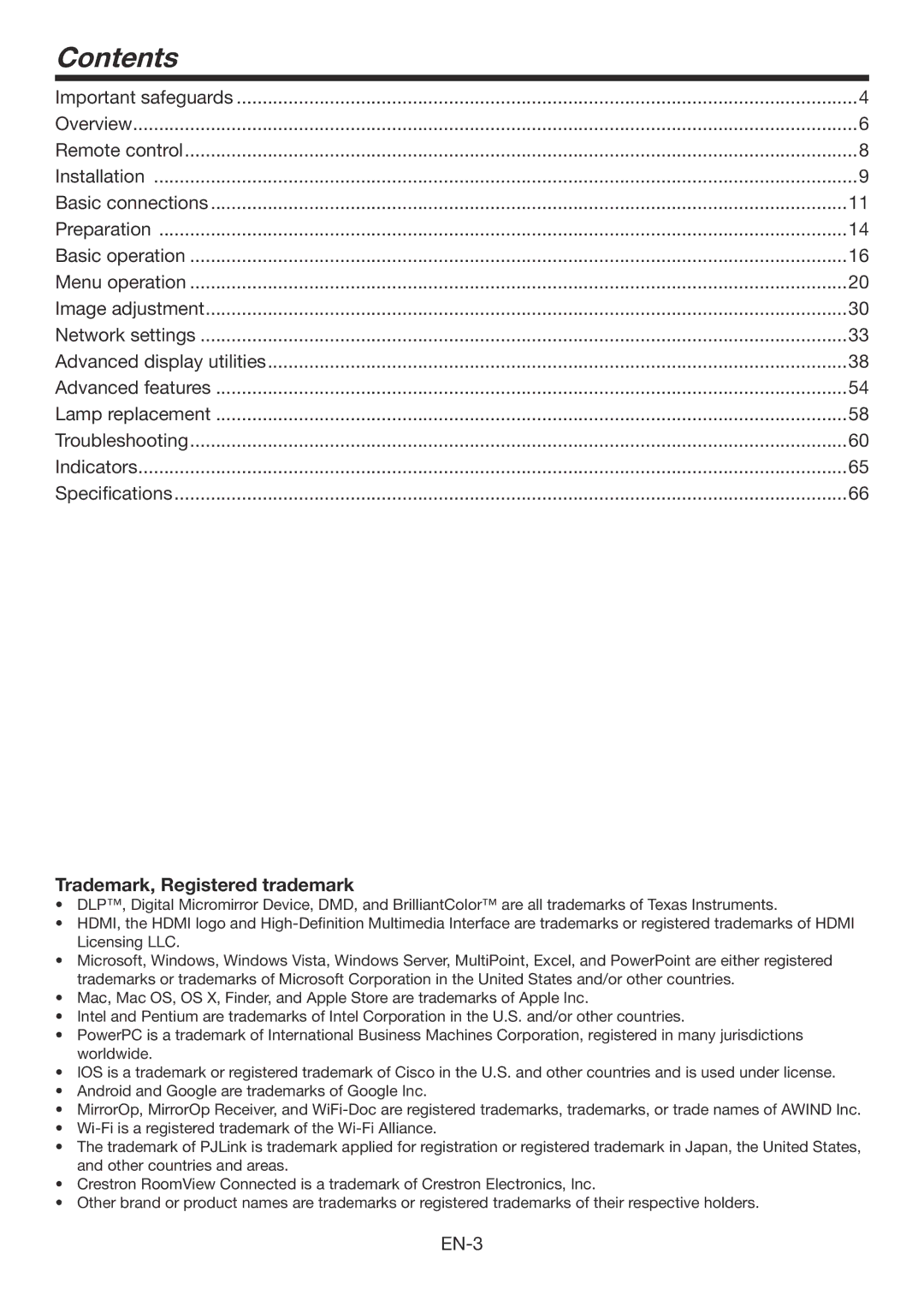 Mitsubishi Electronics WD390U-EST user manual Contents 