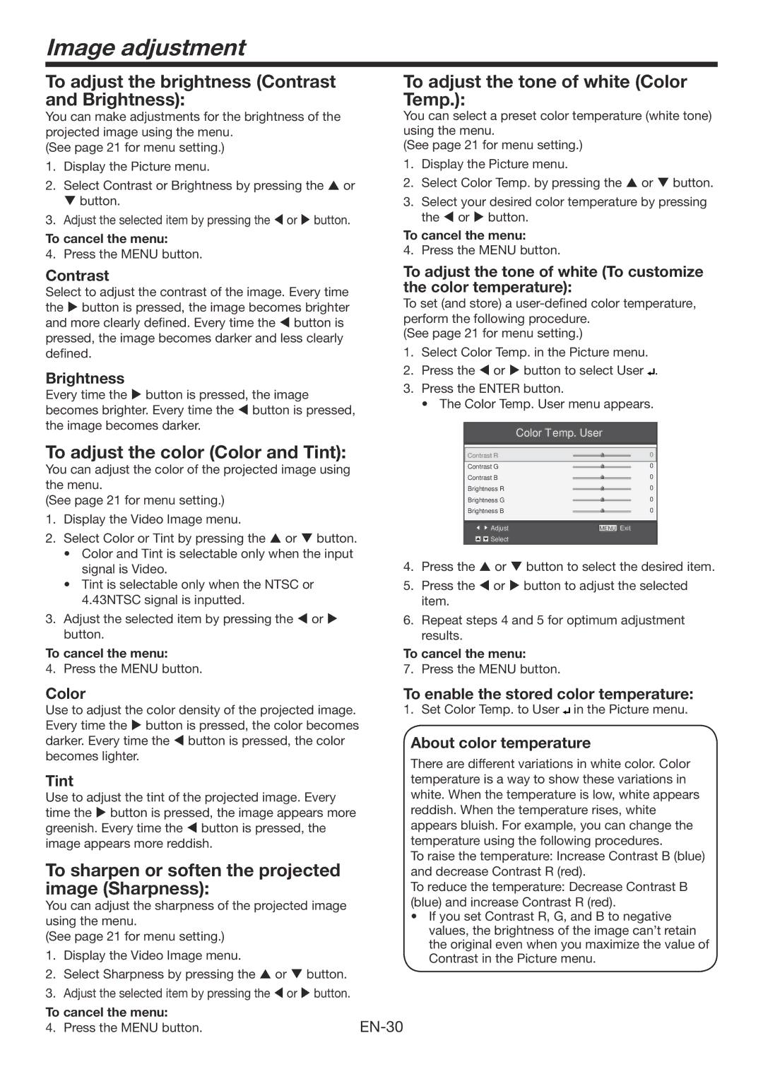 Mitsubishi Electronics WD390U-EST user manual Image adjustment, To adjust the brightness Contrast and Brightness 