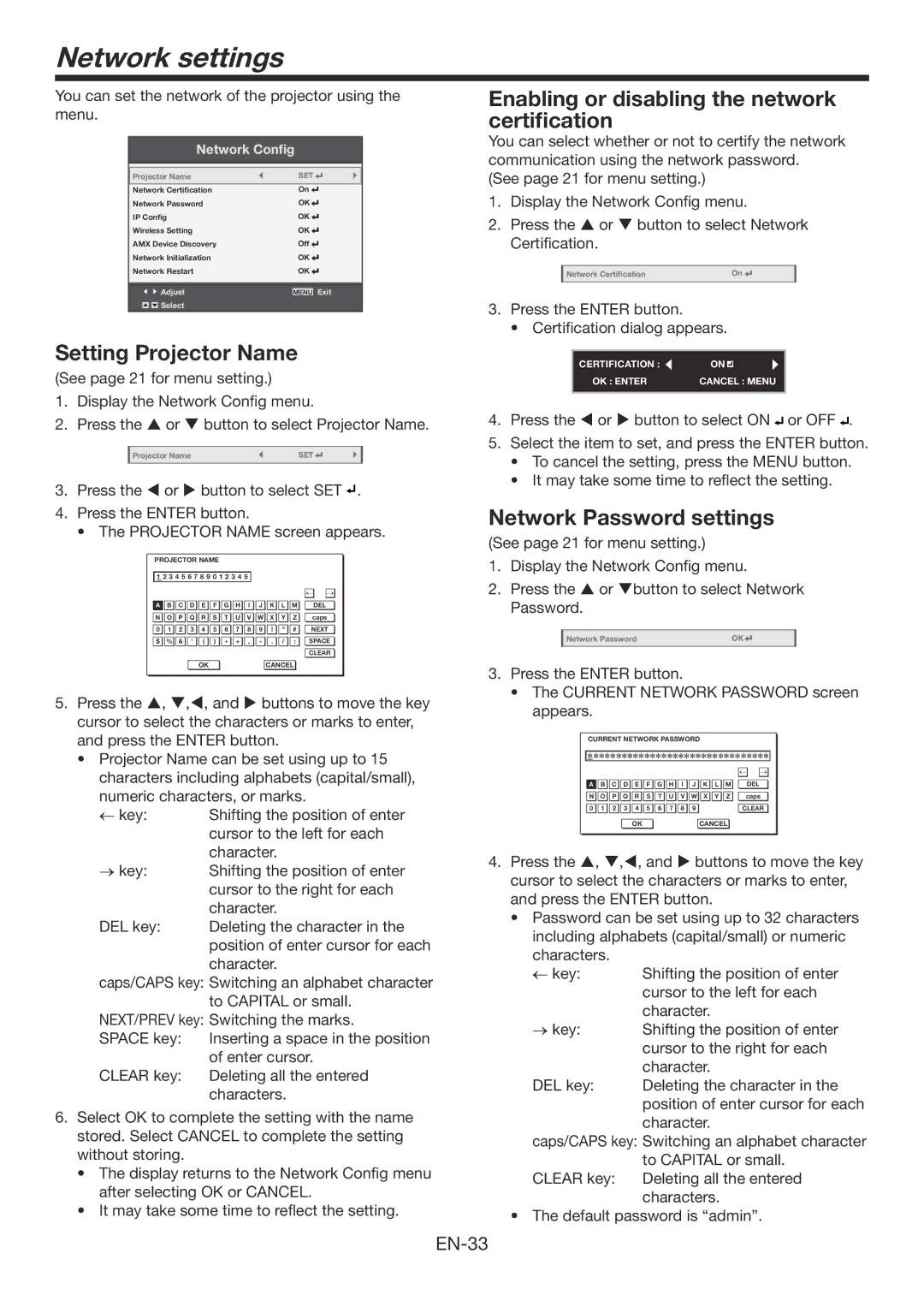 Mitsubishi Electronics WD390U-EST user manual Network settings, Setting Projector Name, Network Password settings 