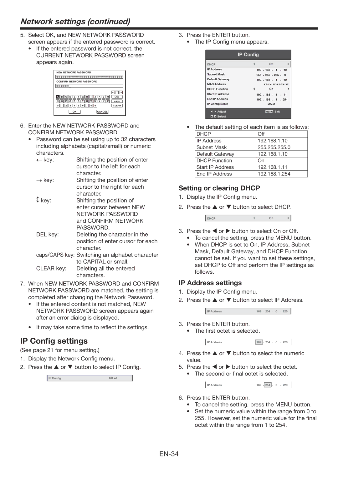 Mitsubishi Electronics WD390U-EST Network settings, IP Config settings, Setting or clearing Dhcp, IP Address settings 