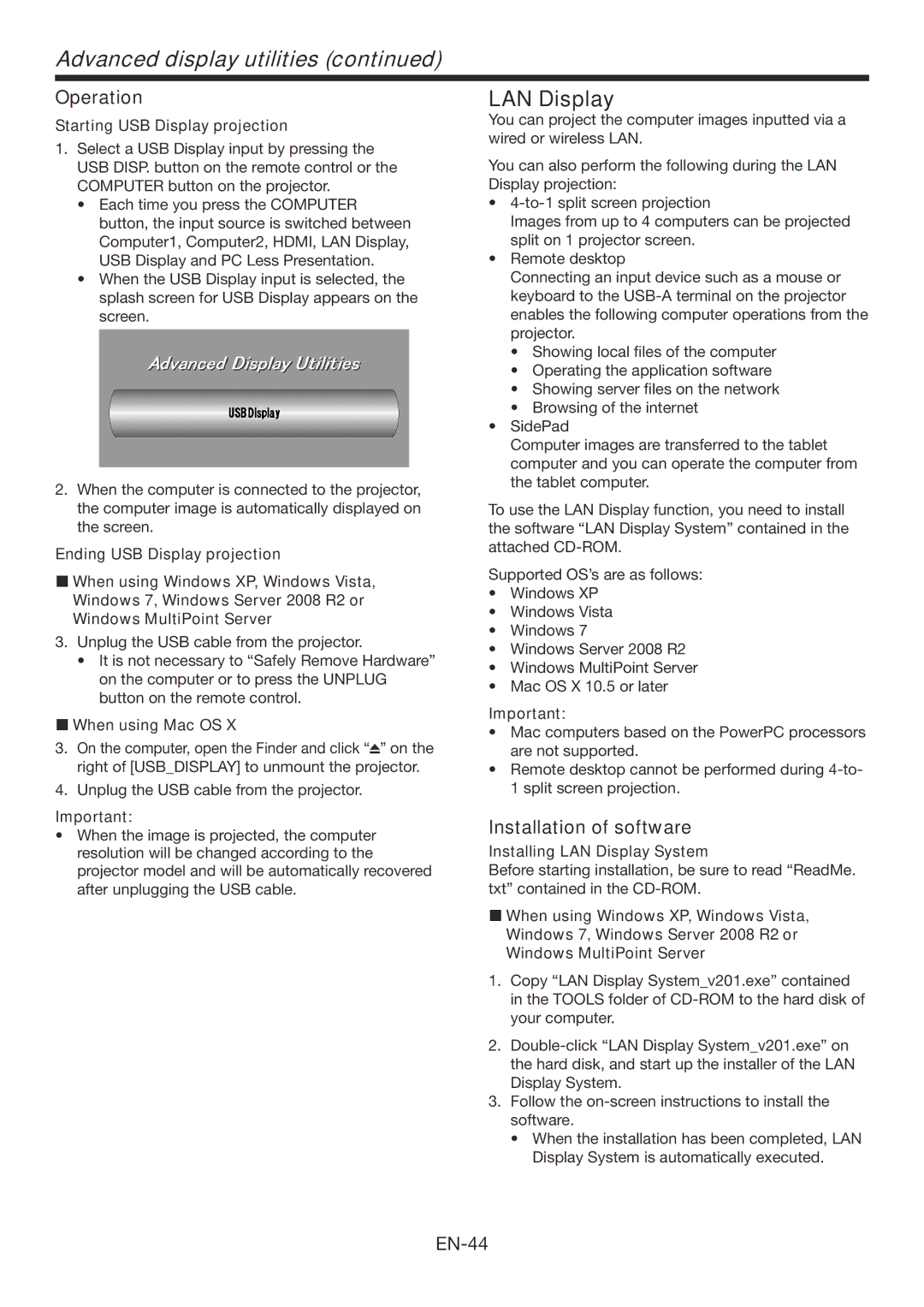 Mitsubishi Electronics WD390U-EST user manual LAN Display, Starting USB Display projection,  When using Mac OS 