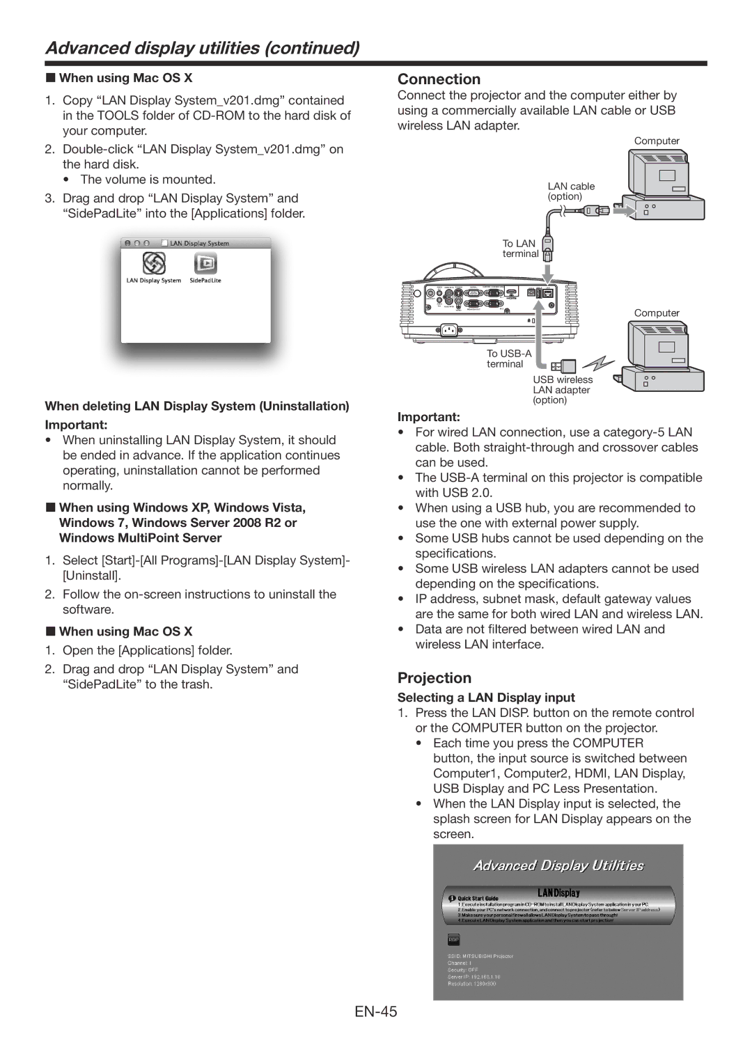 Mitsubishi Electronics WD390U-EST user manual Projection, When deleting LAN Display System Uninstallation Important 