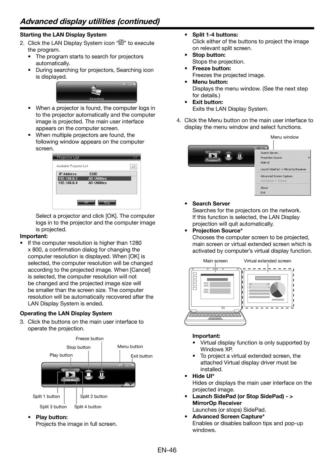 Mitsubishi Electronics WD390U-EST Starting the LAN Display System, Operating the LAN Display System, Play button, Hide UI 