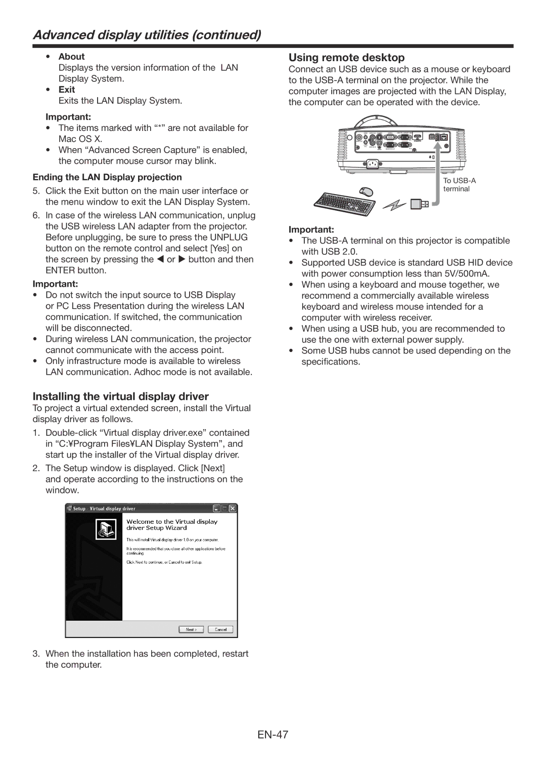 Mitsubishi Electronics WD390U-EST user manual Installing the virtual display driver, Using remote desktop, About, Exit 