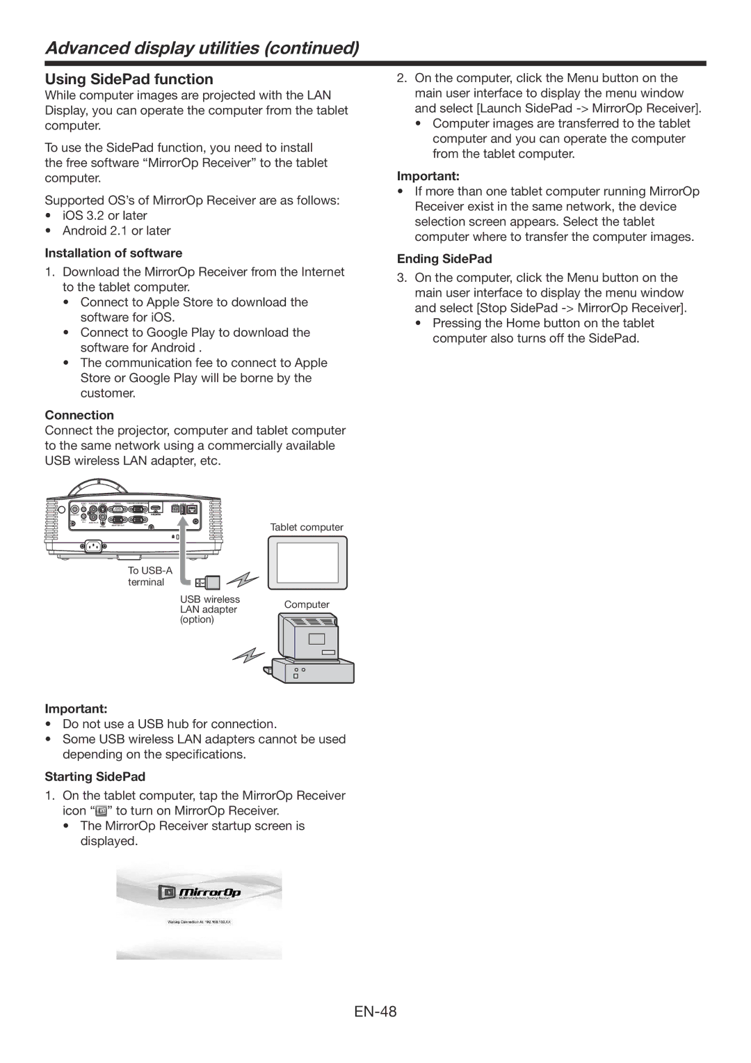 Mitsubishi Electronics WD390U-EST Using SidePad function, Installation of software, Connection, Starting SidePad 