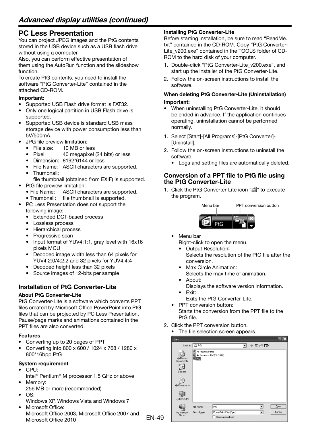 Mitsubishi Electronics WD390U-EST user manual PC Less Presentation, Installation of PtG Converter-Lite 