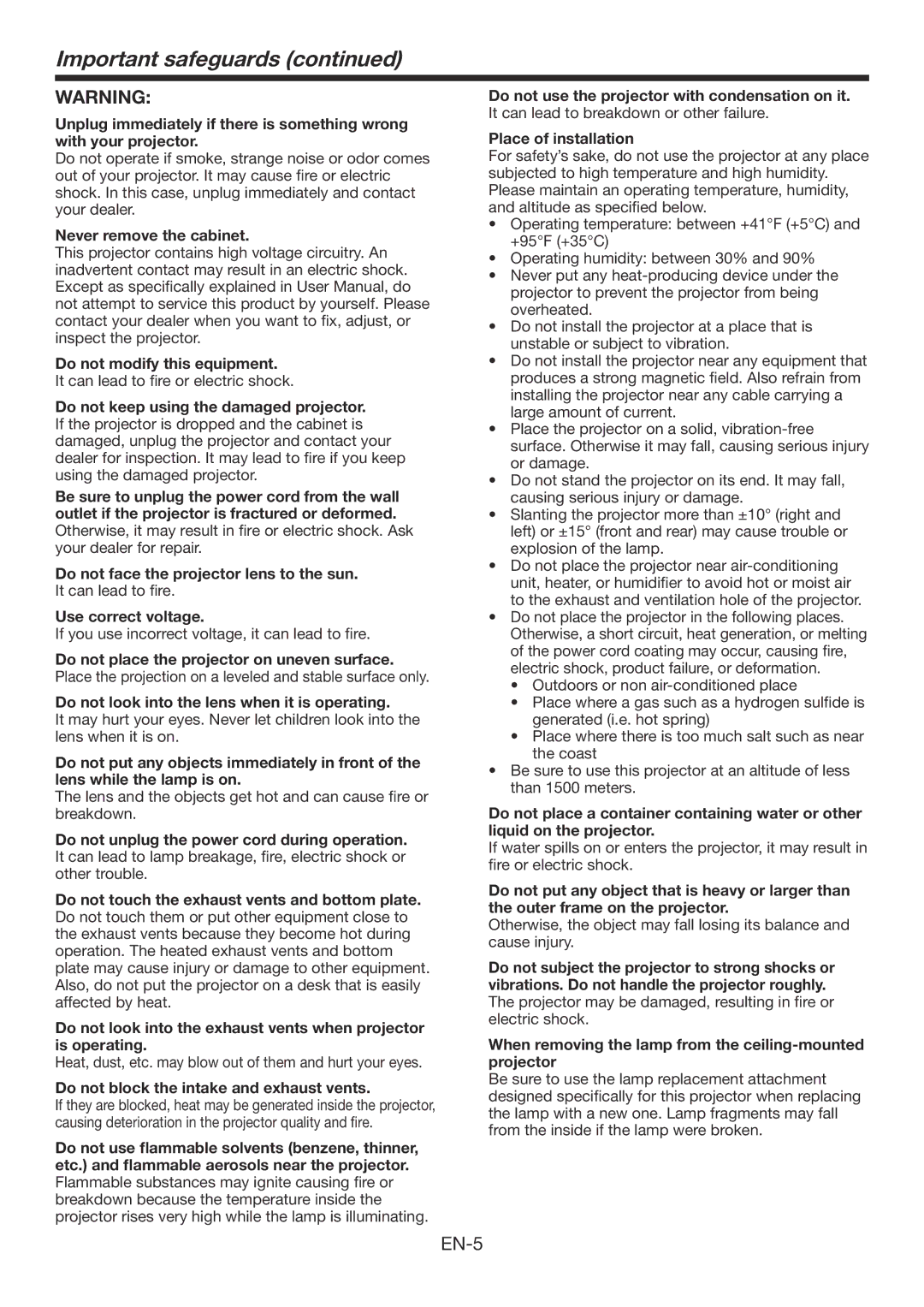 Mitsubishi Electronics WD390U-EST user manual Important safeguards, Never remove the cabinet Do not modify this equipment 