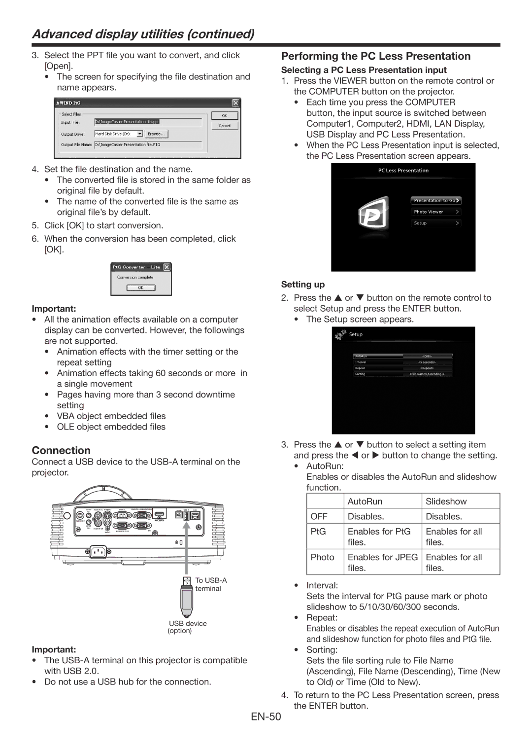 Mitsubishi Electronics WD390U-EST Performing the PC Less Presentation, Selecting a PC Less Presentation input, Setting up 