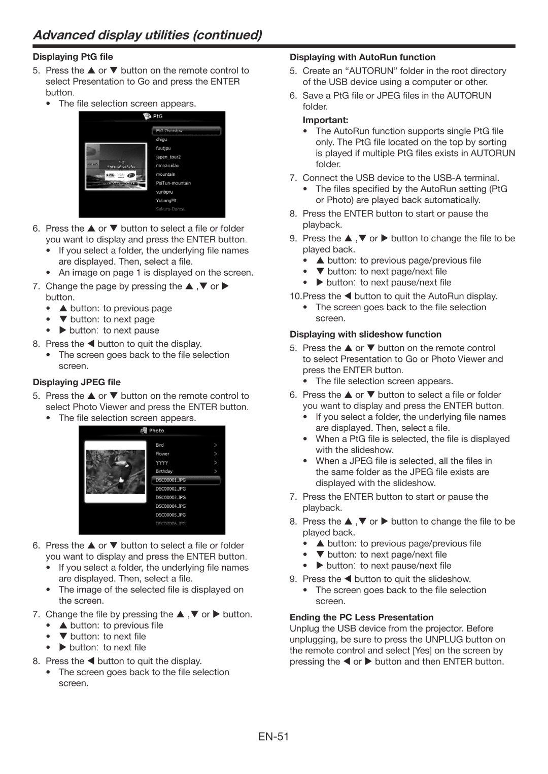 Mitsubishi Electronics WD390U-EST user manual Displaying PtG file, Displaying Jpeg file, Displaying with AutoRun function 