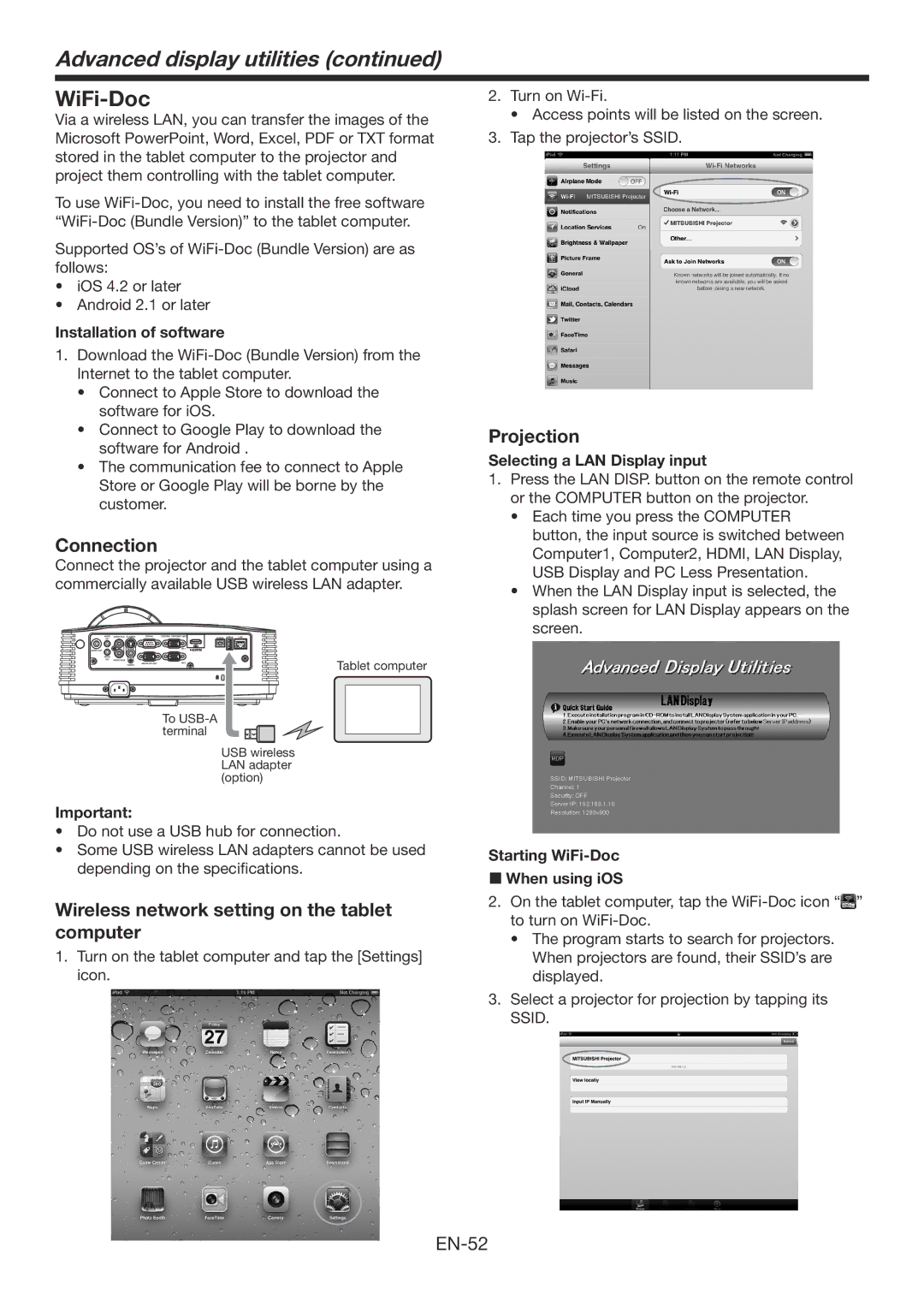 Mitsubishi Electronics WD390U-EST user manual WiFi-Doc, Wireless network setting on the tablet computer 