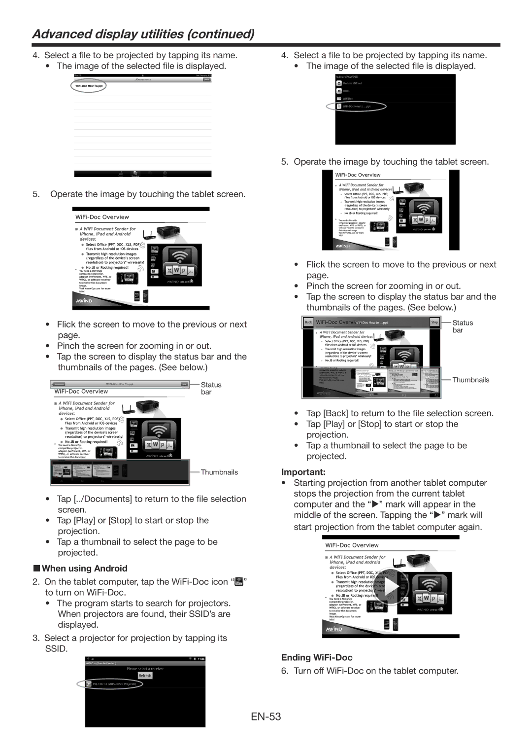 Mitsubishi Electronics WD390U-EST user manual  When using Android, Ending WiFi-Doc 