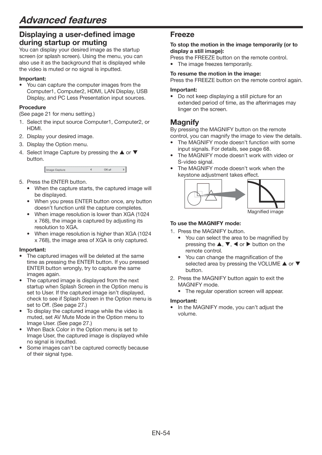 Mitsubishi Electronics WD390U-EST Advanced features, Displaying a user-defined image during startup or muting, Freeze 