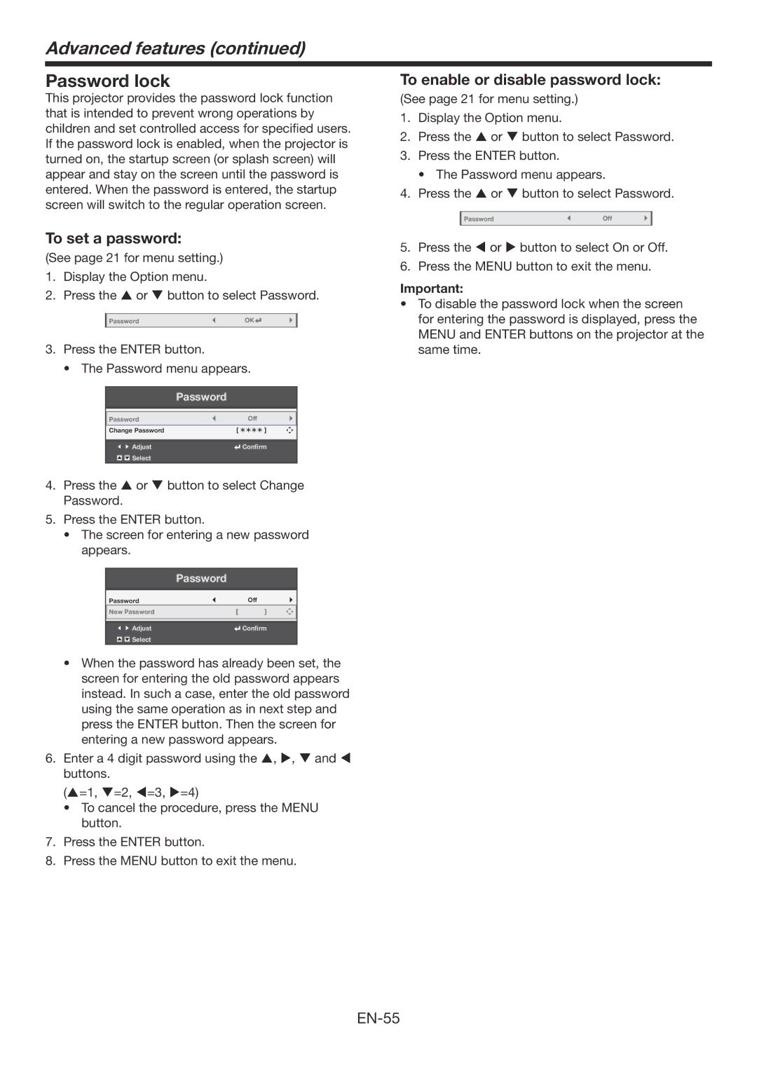 Mitsubishi Electronics WD390U-EST Advanced features, Password lock, To enable or disable password lock, To set a password 