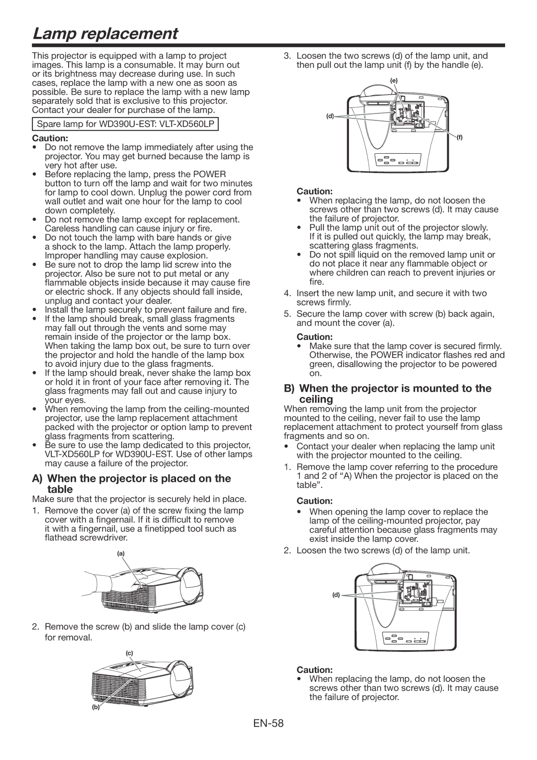 Mitsubishi Electronics WD390U-EST user manual Lamp replacement, When the projector is placed on the table 