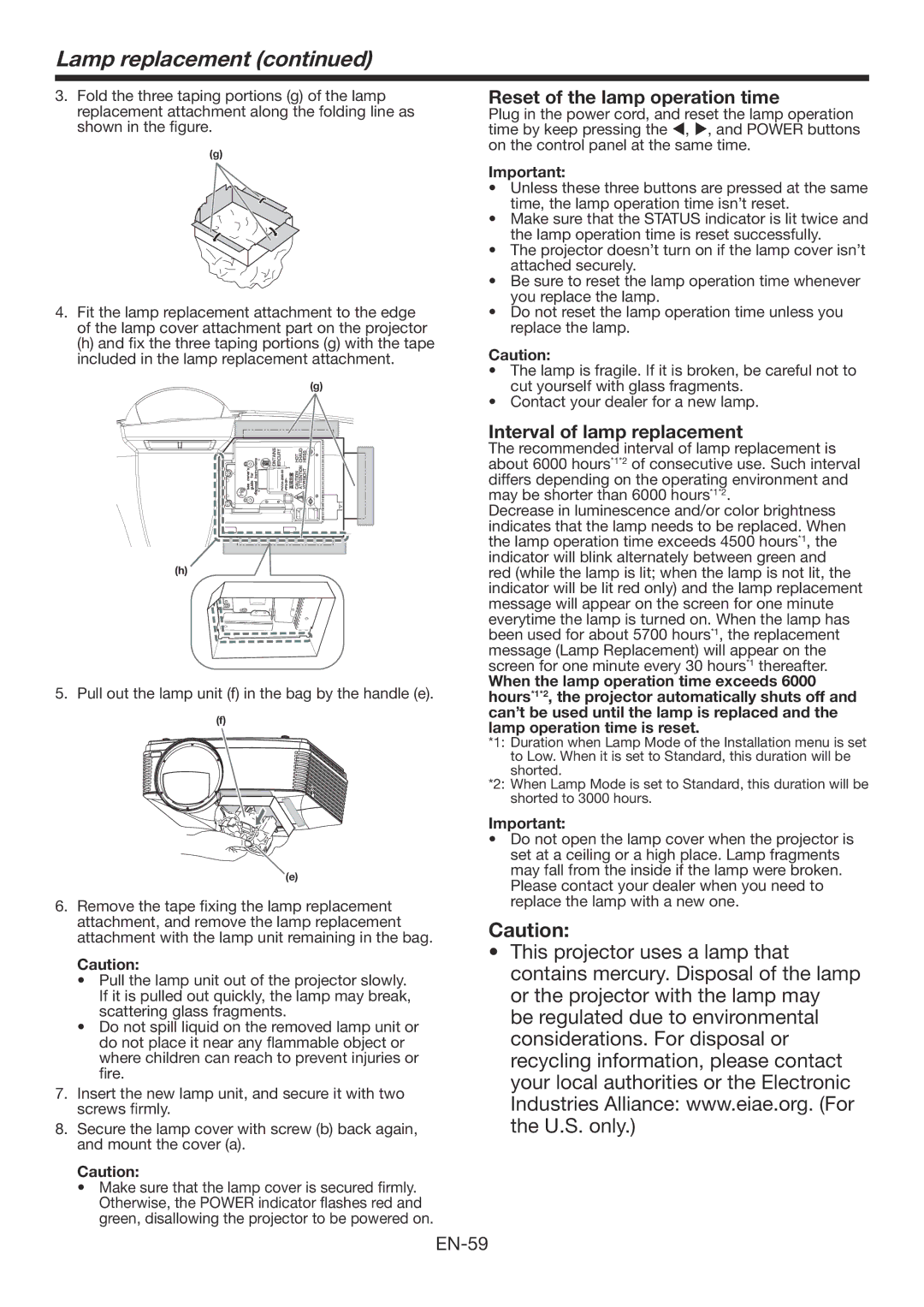 Mitsubishi Electronics WD390U-EST Lamp replacement, Reset of the lamp operation time, Interval of lamp replacement 