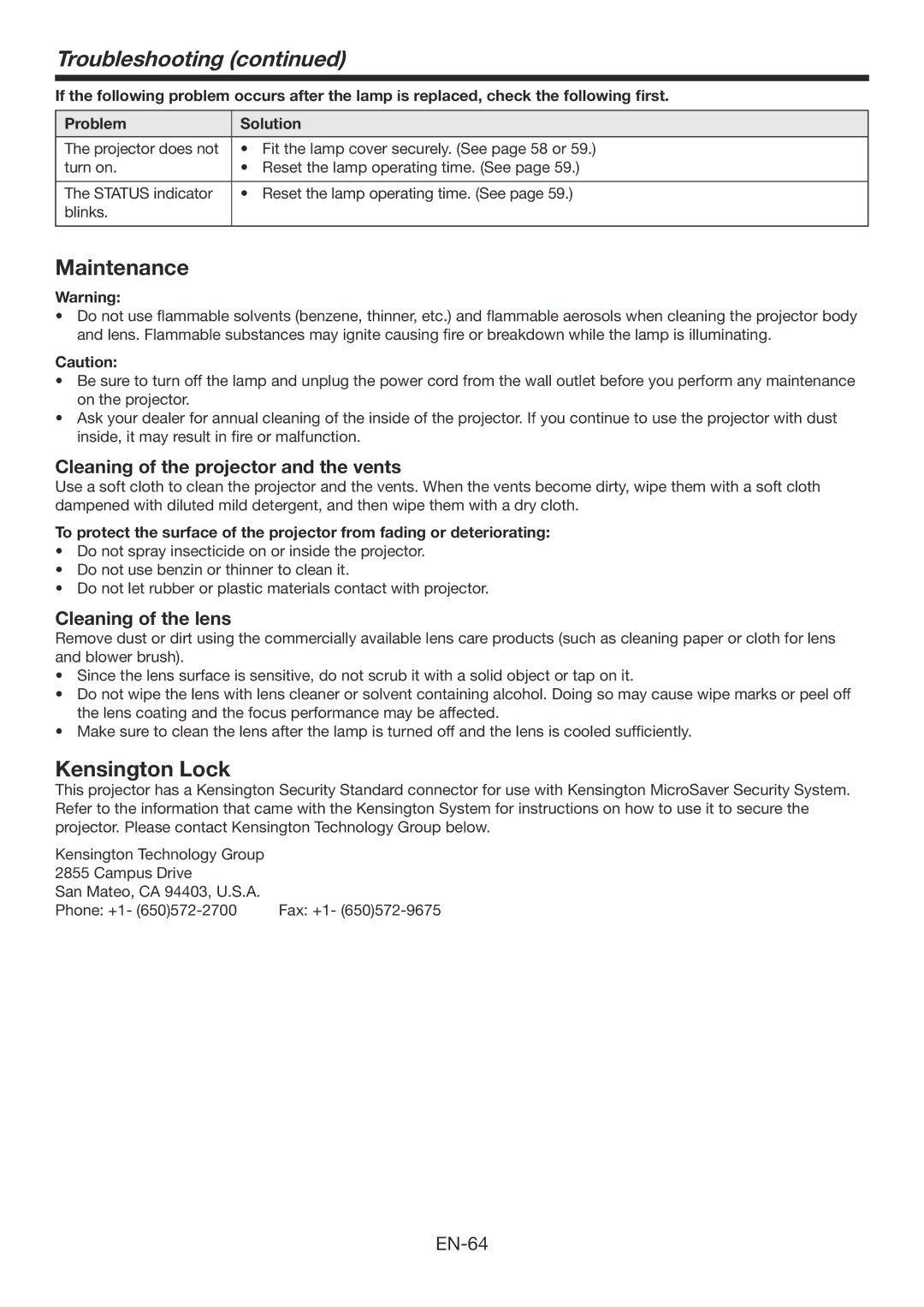 Mitsubishi Electronics WD390U-EST user manual Maintenance, Kensington Lock, Cleaning of the projector and the vents 