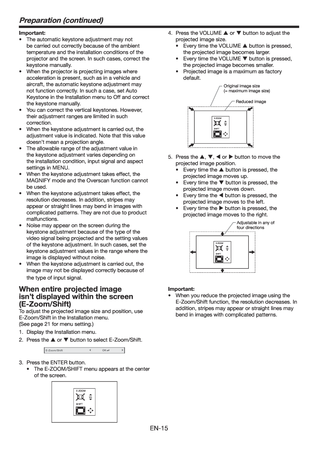 Mitsubishi Electronics WD390U-EST user manual Preparation continued, EN-15 
