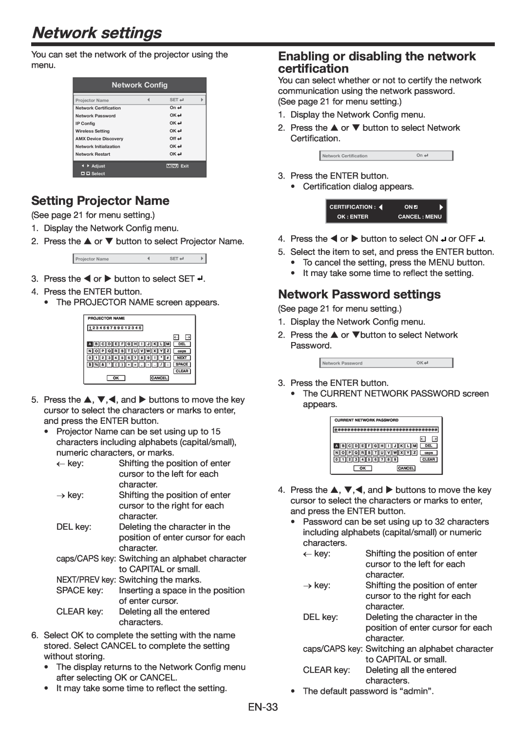 Mitsubishi Electronics WD390U-EST user manual Network settings, Setting Projector Name, Network Password settings 