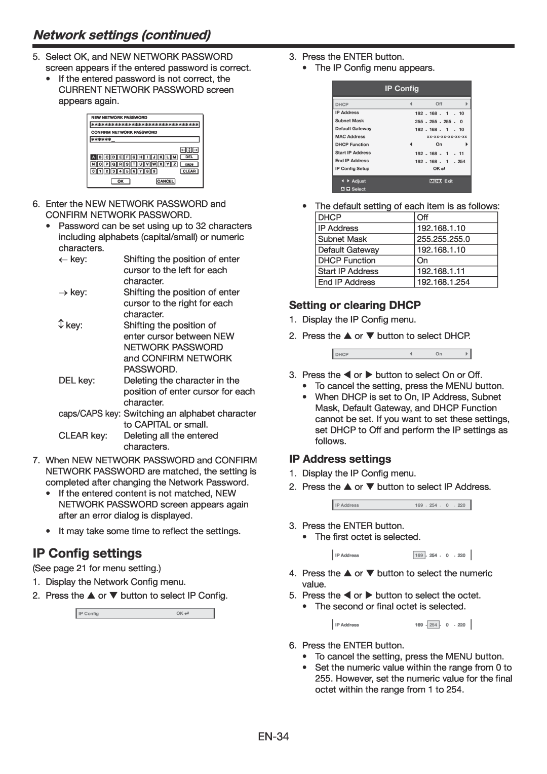 Mitsubishi Electronics WD390U-EST user manual Network settings continued, IP Config settings, Setting or clearing DHCP 