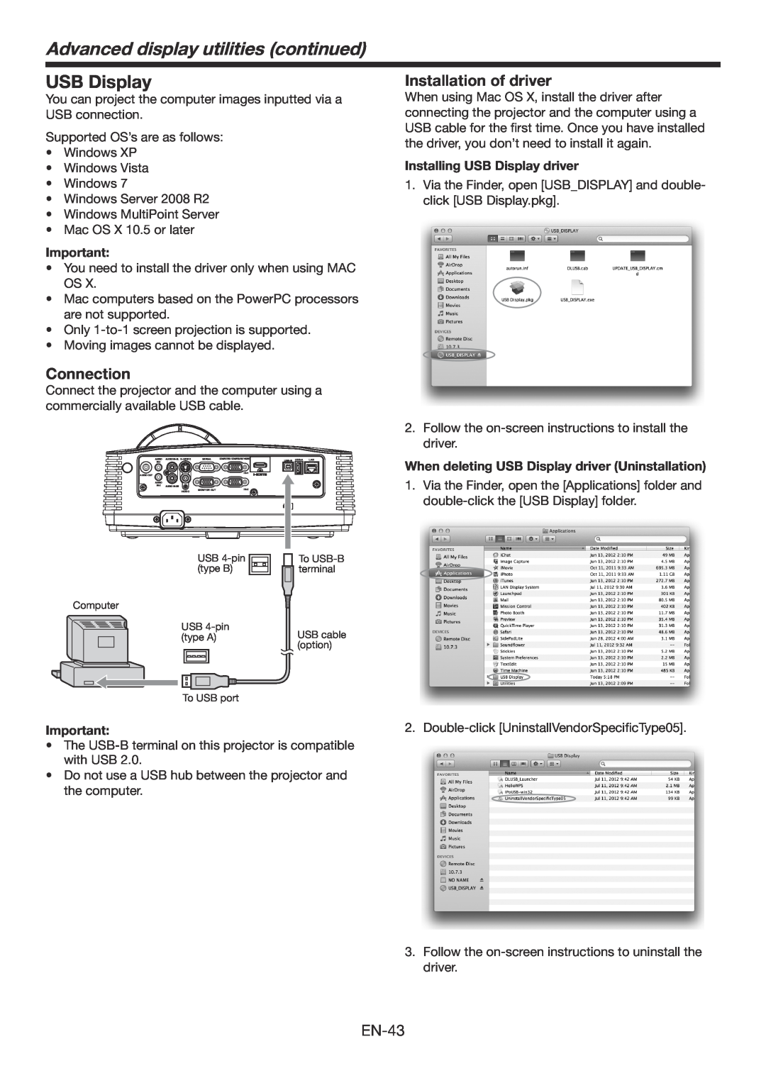 Mitsubishi Electronics WD390U-EST USB Display, Installation of driver, Advanced display utilities continued, Connection 