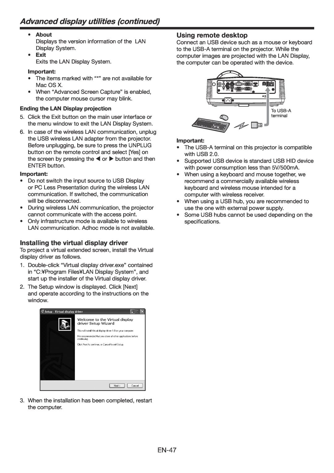 Mitsubishi Electronics WD390U-EST user manual Installing the virtual display driver, Using remote desktop, About, Exit 