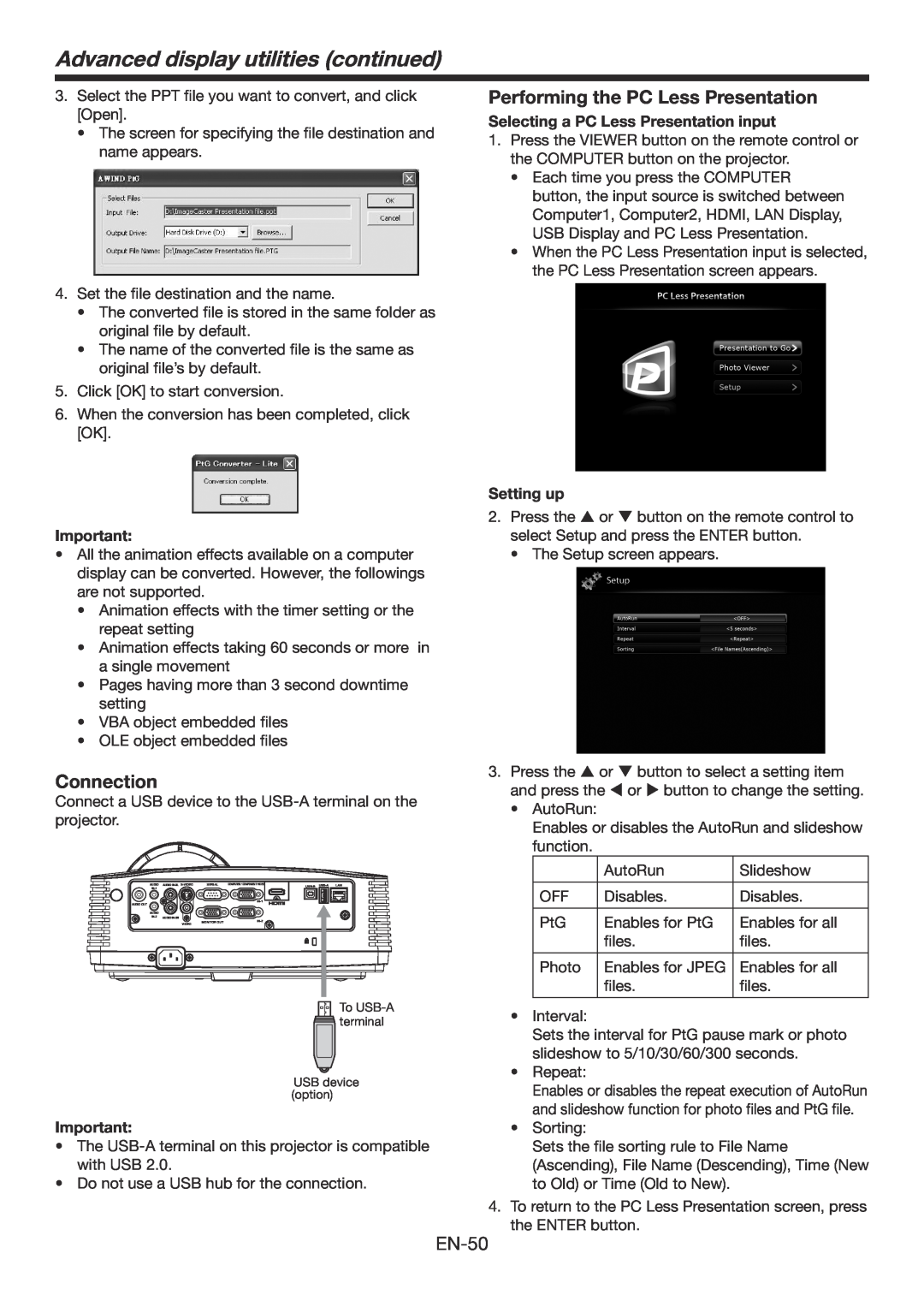Mitsubishi Electronics WD390U-EST Performing the PC Less Presentation, Advanced display utilities continued, Connection 